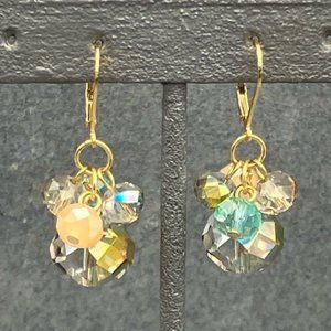 Dangle Pierced Earrings As Is Gold Latch Hook Iridescent Rainbow Blue Peach Glam
